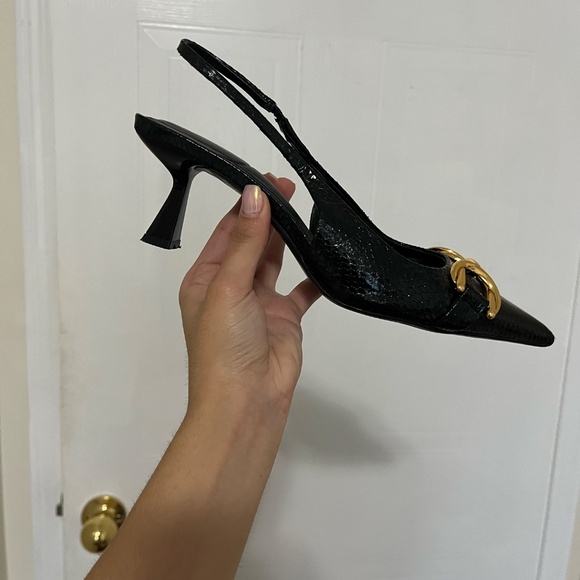 Zara Black Croc Leather, Slingback Kitten Heel, Gold Chain - Picture 4 of 4